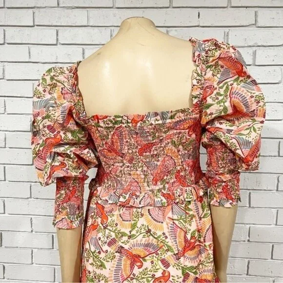 Farm Rio Women's Pink Macaw Flight Smocked Top Maxi Dress - Size Medium